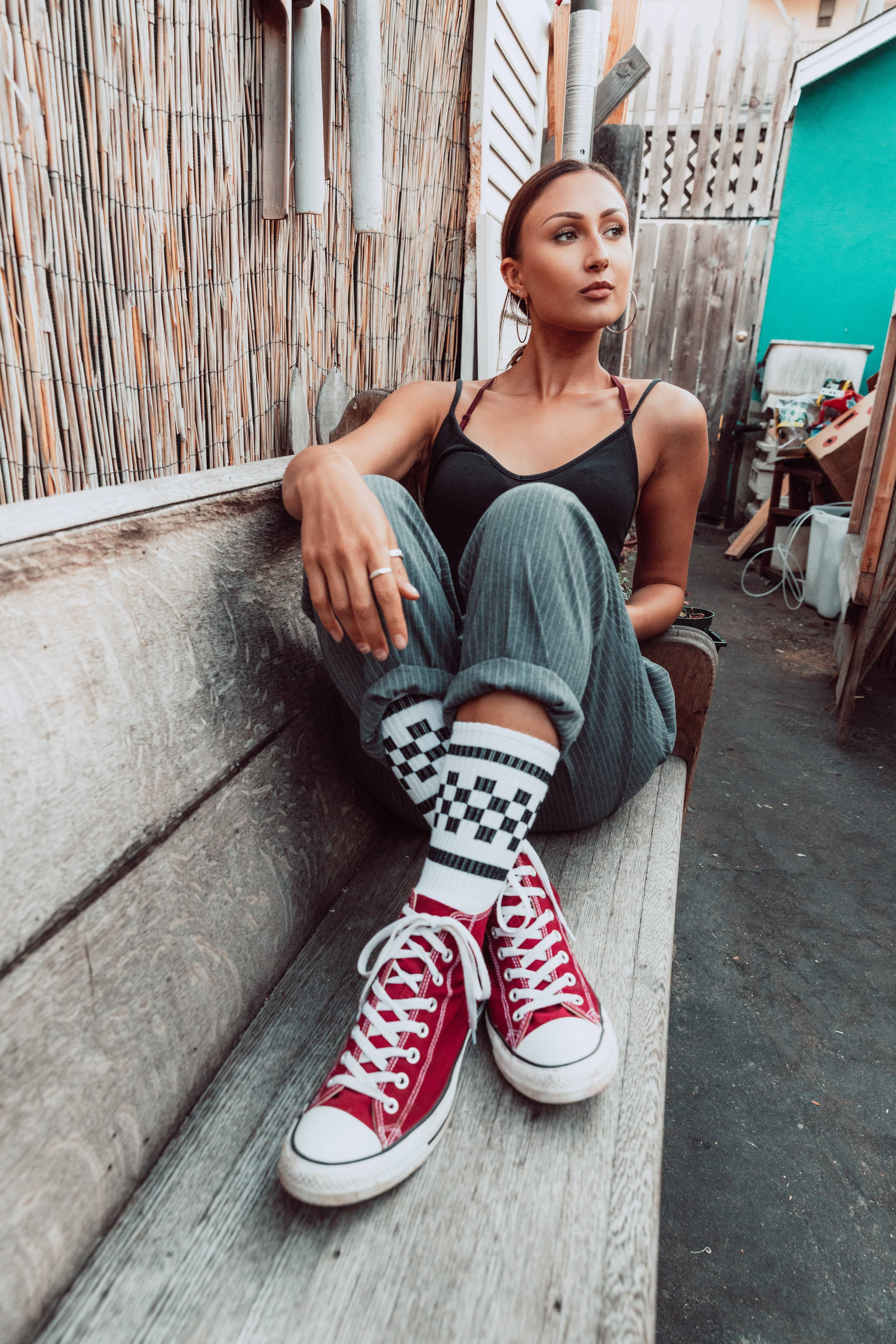 Black Checkered Socks | White