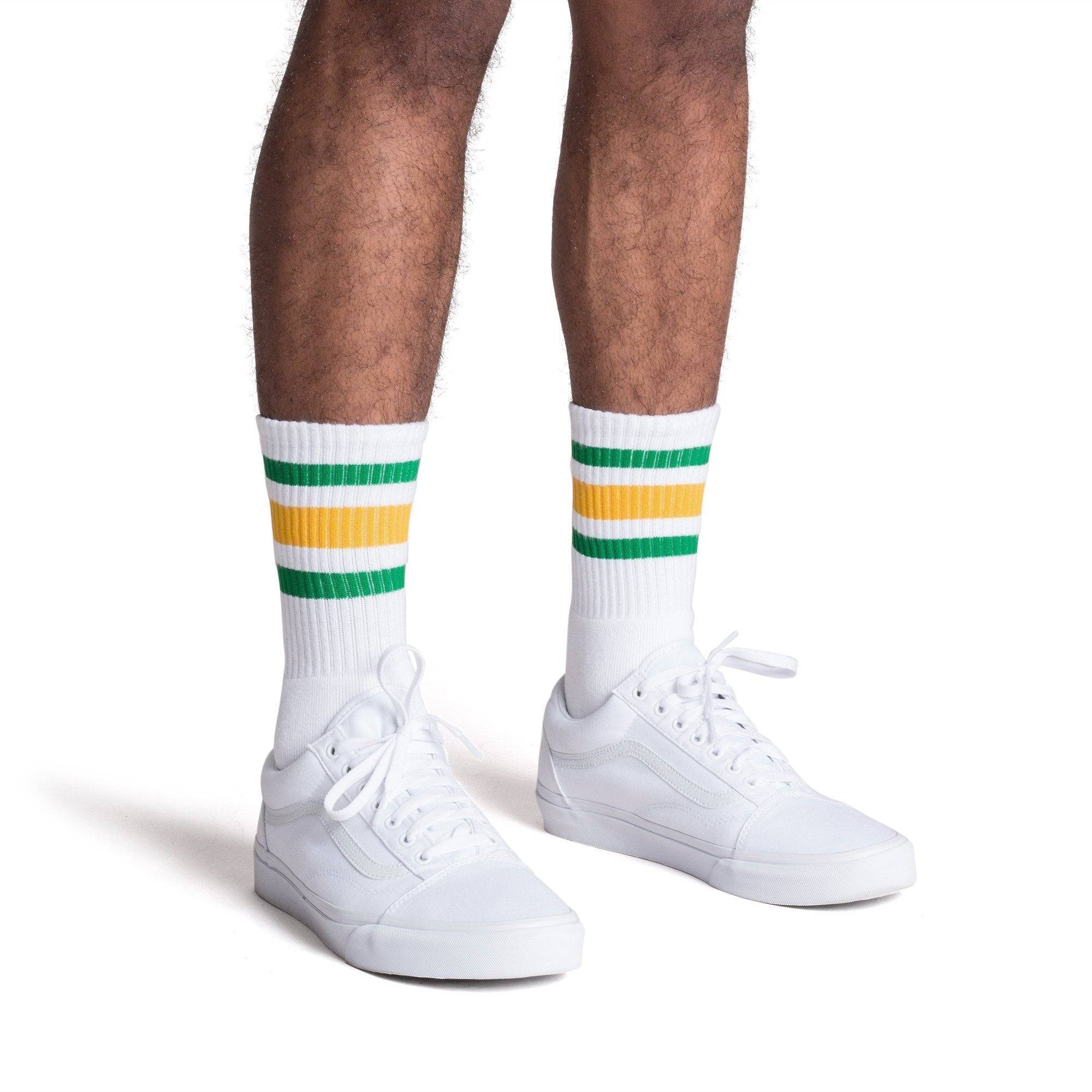 Green and Gold Striped Socks | White
